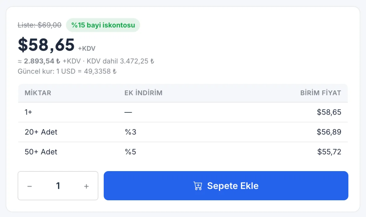 Ürün sayfasında bayi fiyatı ve adet kademeleri